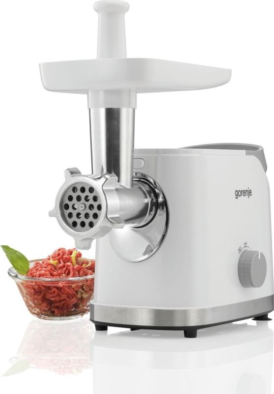 Мясорубка Gorenje, 1800Вт, 2.1кг/мин, 2 решетк, насадка для колбас, кеббе, томатов, 3 терки, пластик/металл, белый