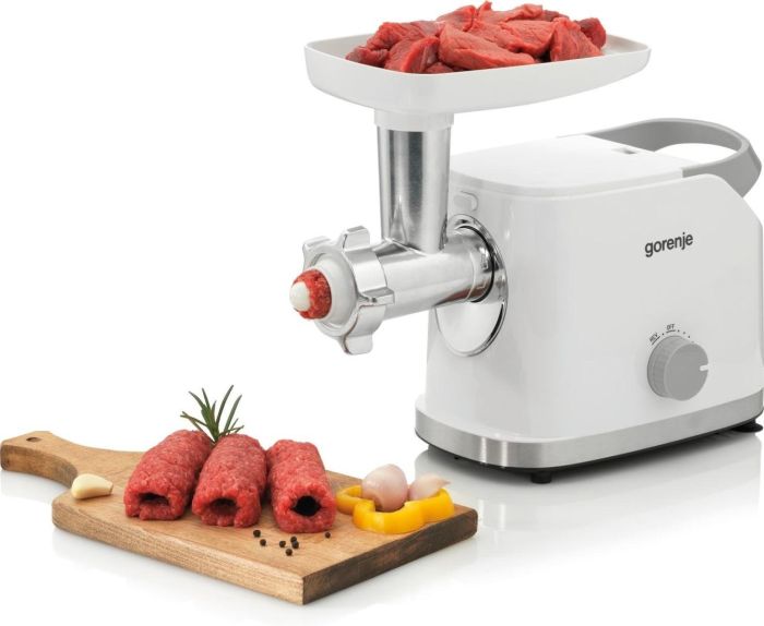 Мясорубка Gorenje, 1800Вт, 2.1кг/мин, 2 решетк, насадка для колбас, кеббе, томатов, 3 терки, пластик/металл, белый
