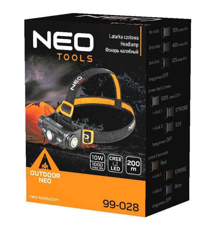 Фонарь налобный аккумуляторный Neo Tools, 2000мА•ч, 1000лм, 10Вт, 6 функций освещения +красный и голубой свет, IP20
