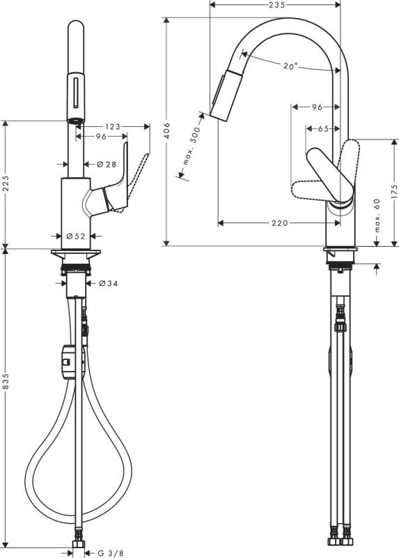 Змішувач для кухні Hansgrohe Focus, довж.виливу - 235мм, витяжний, 1важіль, KM240, хром