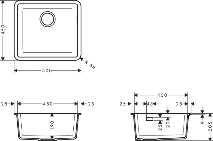 Мойка кухонная Hansgrohe S51, гранит, квадрат, без крыла, 500х450х190мм, чаша- 1, встраиваемая, S510-U450, серый камень