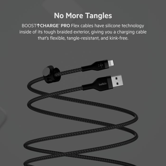 Кабель USB-A > Lightning зарядки/синхронизации Belkin, 1м, витой, силиконовый, с ремешком на магните, черный