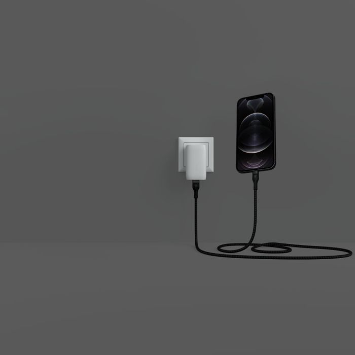 Кабель USB-C > Lightning заряджання/синхронізації Belkin 1м, Type-C, плетений, силіконовий, з ремінцем на магніті, чорний
