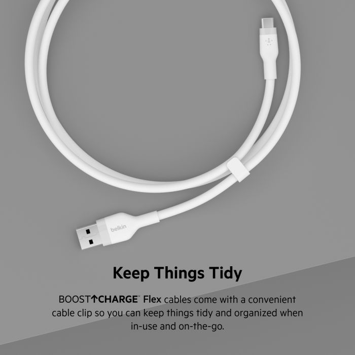Кабель USB-A > USB-C зарядки/синхронизации Belkin, 2м, Type-C, силиконовый, с клипсой, белый