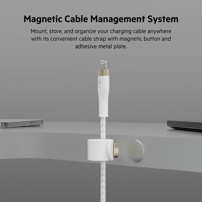 Кабель USB-C > Lightning зарядки/синхронизации Belkin 1м, Type-C, витой, силиконовый, с ремешком на магните, белый