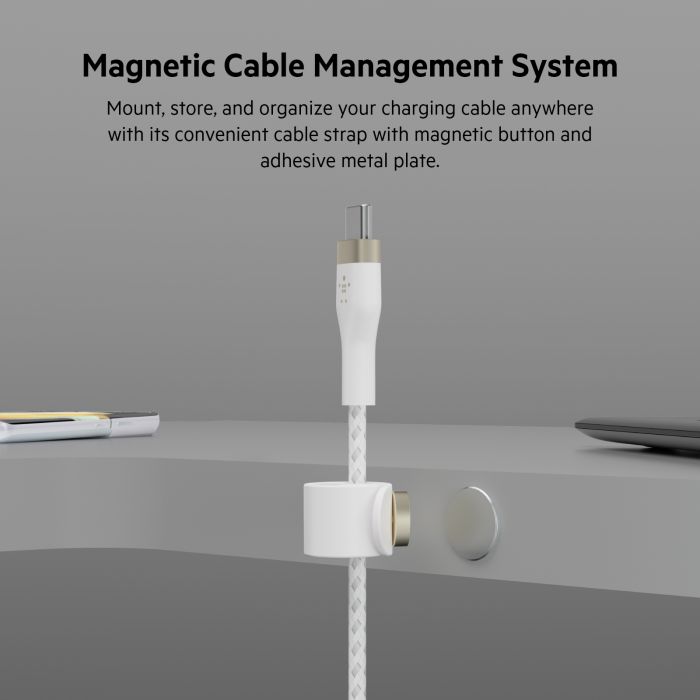 Кабель USB-C > USB-C заряджання/синхронізації Belkin 1м, 60Вт, Type-C, плетений, силіконовий, з ремінцем на магніті, білий