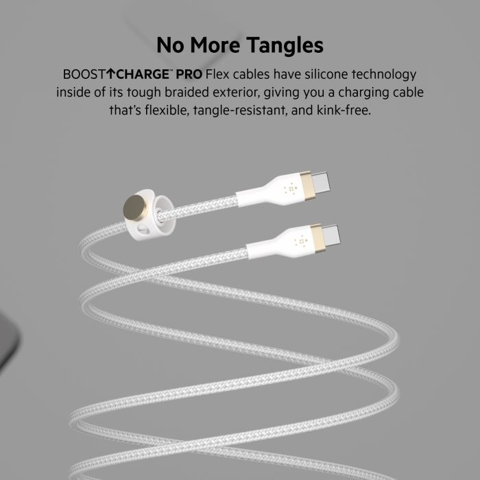 Кабель USB-C > USB-C заряджання/синхронізації Belkin 1м, 60Вт, Type-C, плетений, силіконовий, з ремінцем на магніті, білий