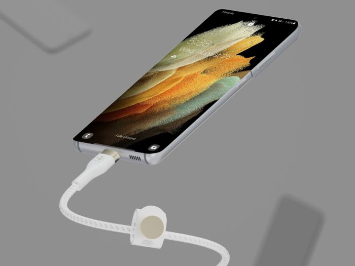 Кабель USB-C > USB-C заряджання/синхронізації Belkin 1м, 60Вт, Type-C, плетений, силіконовий, з ремінцем на магніті, білий