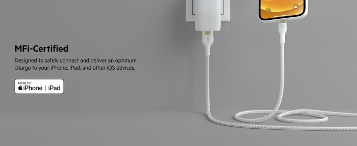 Кабель USB-A > Lightning заряджання/синхронізації Belkin 1м, плетений, силіконовий, з ремінцем на магніті, білий