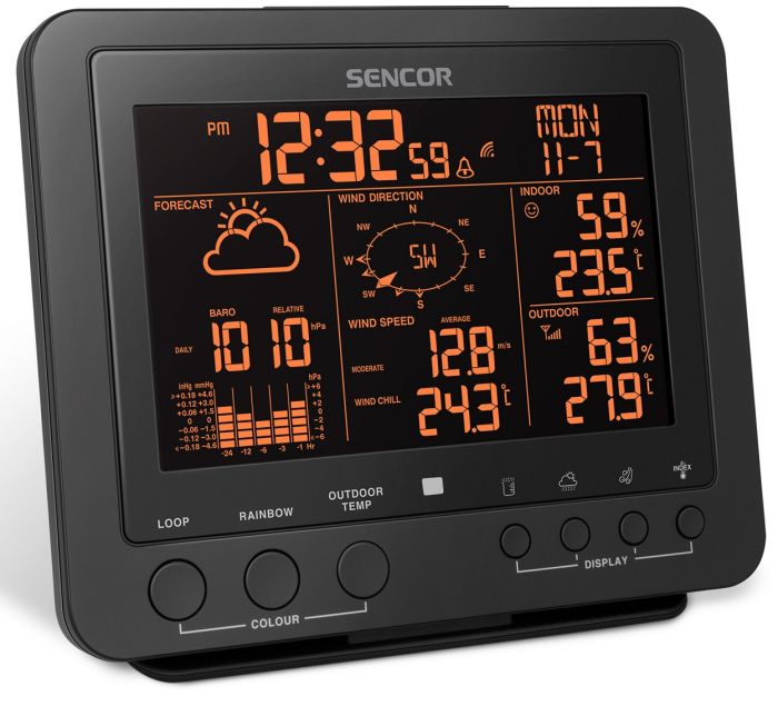 Метеостанція Sencor, внутр/зовн вимірювання, від мережі/CR2032x1+AAx3, темп-ра, вологість, час, прогноз погоди, атмосферний тиск, шв. вітру, чорний