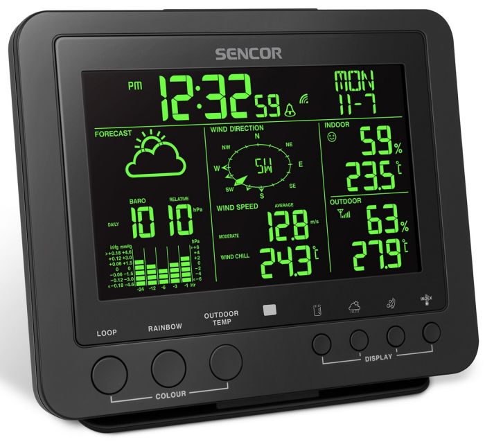 Метеостанція Sencor, внутр/зовн вимірювання, від мережі/CR2032x1+AAx3, темп-ра, вологість, час, прогноз погоди, атмосферний тиск, шв. вітру, чорний