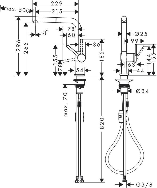 Смеситель для кухни Hansgrohe Talis M54, дл.излива - 215мм, вытяжной, 1 рычаг, KM270, хром