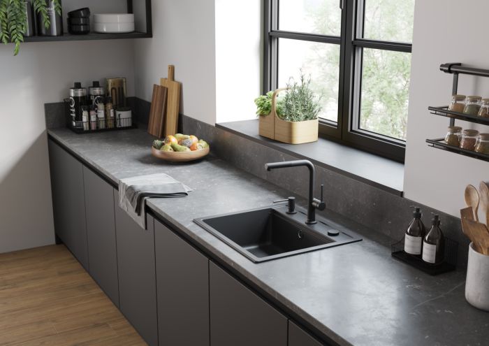 Мойка кухонная Hansgrohe S52, гранит, прямоуг., без крыла, 550х490х190мм, чаша- 1, встраиваемая, S520-F510, черный графит