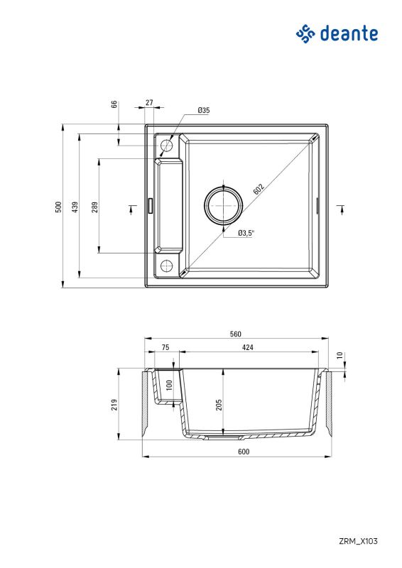 Мойка кухонная Deante Magnetic, гранит, квадрат, без крыла, 560х500х219мм, чаша - 1, накладная, алебастр