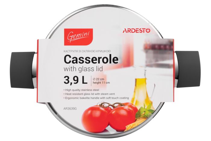 Кастрюля со стеклянной крышкой Ardesto Gemini Trento, 3.9л, нержавеющая сталь, бакелит