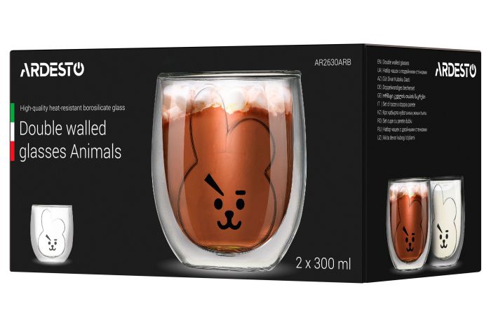 Набір чашок з подвійними стінками Ardesto Animals, 300мл, 2шт, боросилікатне скло, прозорий