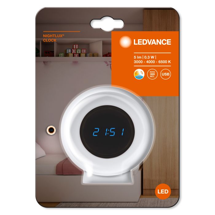 Світильник нічник з акумулятором LEDVANCE NIGHTLUX CLOCK 0.3Вт 3000/4000/6500К 5Лм 1000мА•год годинник USB-A > microUSB білий