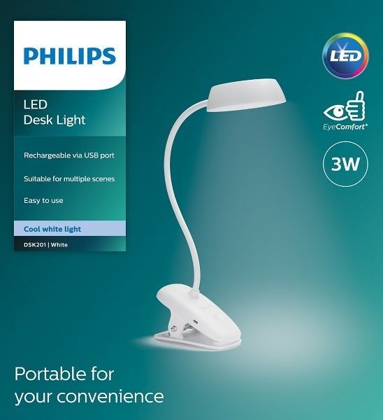 Лампа настільна з акумулятором Philips Donutclip 3Вт 4000K 1200мАг USB-A білий