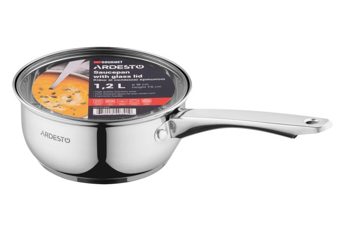 Ківш зі скляною кришкою Ardesto Gemini Gourmet Aosta, 1.2л, нержавіюча сталь