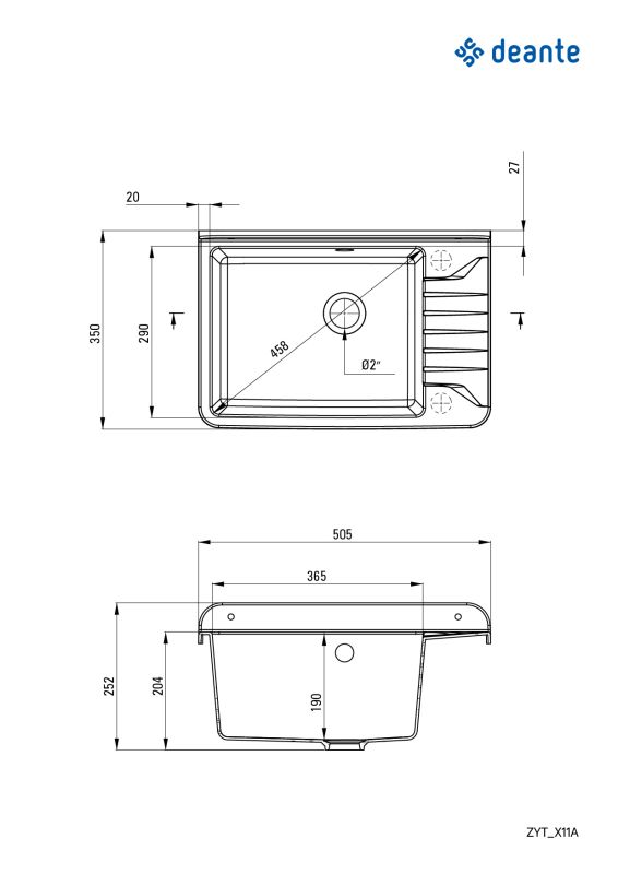 Мойка кухонная Deante Garden, полистирол, прямоуг., без крыла, 505х350х252мм, чаша - 1, к стене, графит