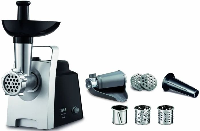 Мясорубка Tefal HV1 7in1, 1400Вт, 1.7кг/мин, 2 решетки, насадка для колбас, томатов, 3 терки, пластик, черный
