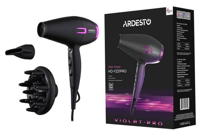 Фен Ardesto Violet PRO  ,1750-2100Вт, 2 швидкості, 3темп.режими,дифузор, чорний ARDESTO HD-Y221PRO
