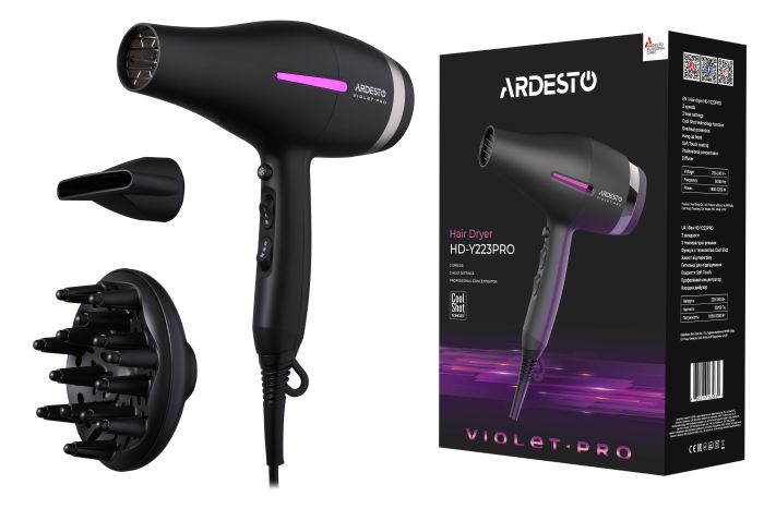 Фен Ardesto Violet PRO , 850-2200Вт, 2 скорости, 3 темп.режима, диффузор, черный ARDESTO HD-Y223PRO