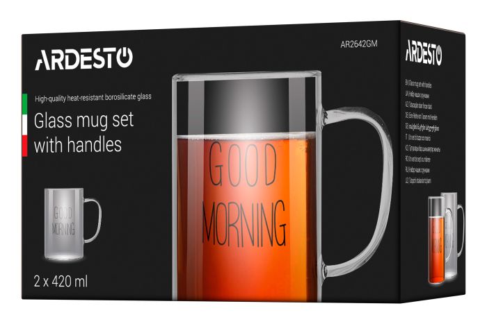 Набор чашек с ручками Ardesto Good Morning, 420мл, 2шт, боросиликатное стекло, прозрачный