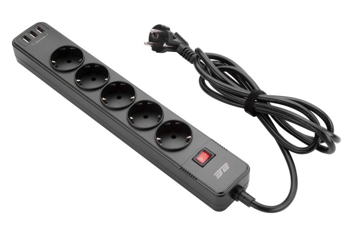 Удлинитель-фильтр сетевой 2E 5xТип F, 3x1.5мм кв, 16A, 3xUSB-A,с защитой от перенапряжения, 2м, чёрный