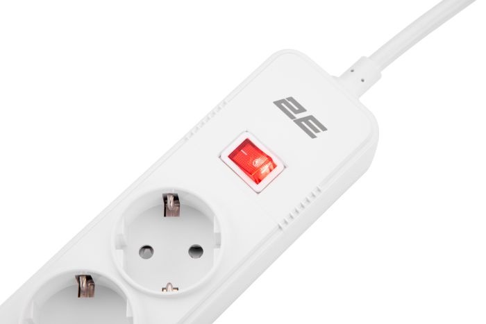Удлинитель-фильтр сетевой 2E 5xТип F, 3x1.5мм кв, 16A, 3xUSB-A, с защитой от перенапряжения, 2м, белый
