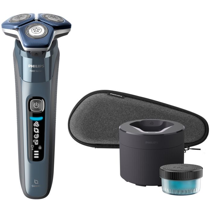 Бритва електр. Philips Series 7000 роторная, 9Вт,  бритв.головок-3, Li-Ion, сух.+влажн., триммер, чехол, Bt., серо-синий