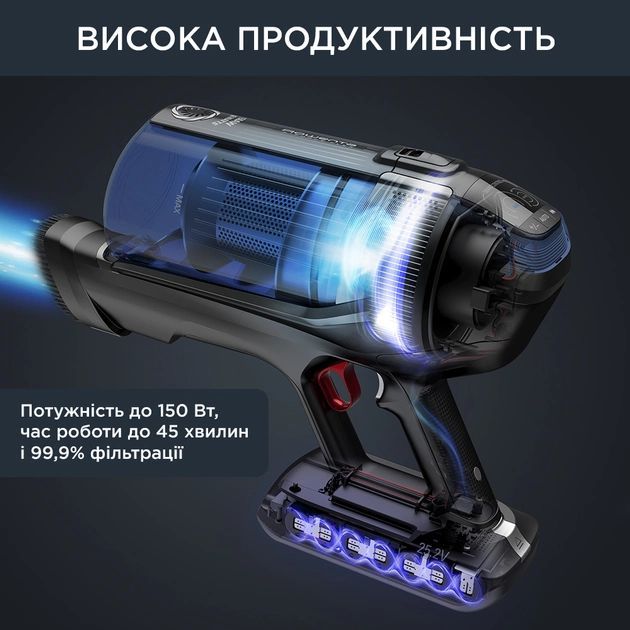 Пылесос Rowenta  беспроводный X-Force Flex 12.60 Auto Aqua, 320Вт, конт пыль -0.1л, автон. раб. до 45мин, вес-3кг, НЕРА, черно-синий