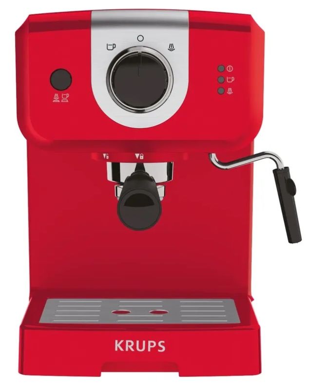 Кофеварка Krups рожковая Opio 1.5л, молотый, ручной капучинатор, подогрев чашек, красный