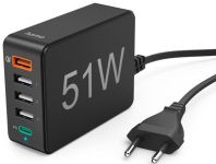 Зарядное устройство сетевое Hama 51Вт 4хUSB-А/1хUSB-С PD, QC, черный