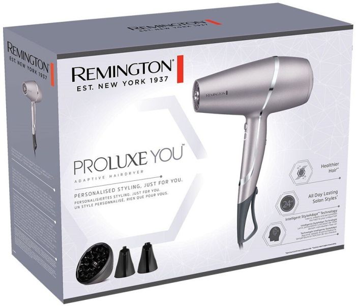 Фен Remington ProLuxe You Adaptive, 2400Вт, режимов-3, дифузор, иониз-я, хол. обдув, турбо режим, серый