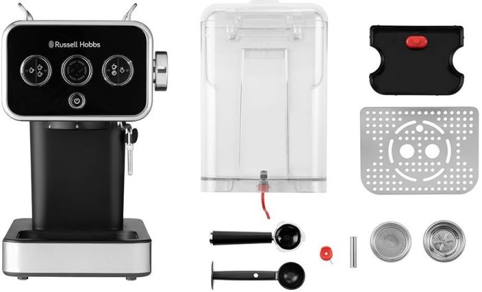 Кофеварка Russell Hobbs рожковая Distinctions 1.1л, молотый + чалды, черно-серебристый