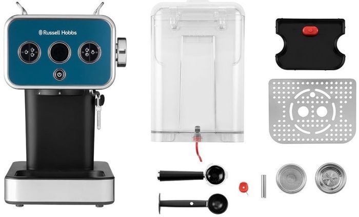 Кофеварка Russell Hobbs рожковая Distinctions Ocean 1.1л, молотый + чалды, сине-серебристый