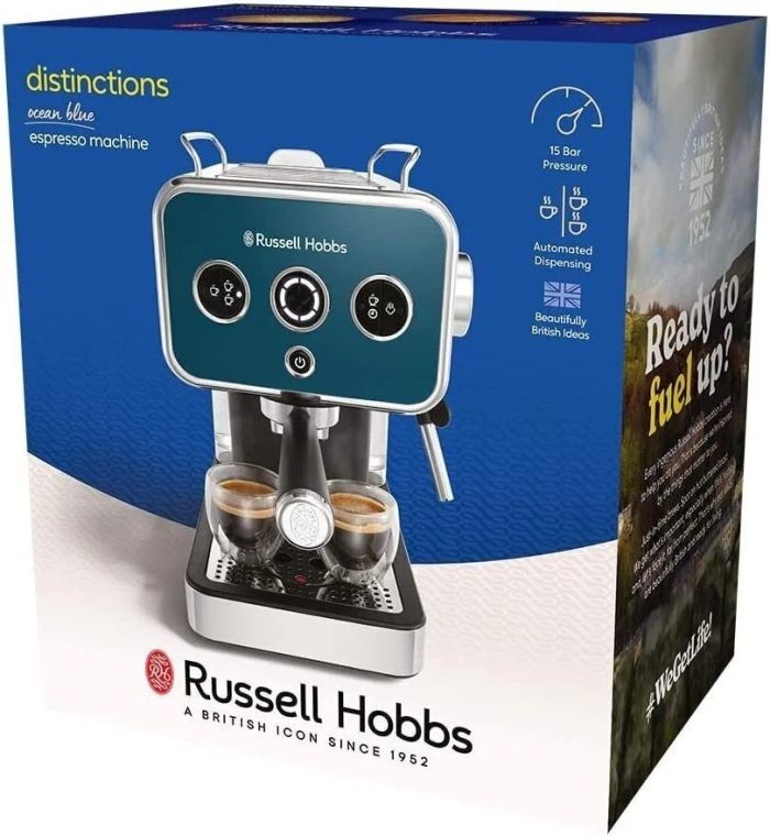 Кофеварка Russell Hobbs рожковая Distinctions Ocean 1.1л, молотый + чалды, сине-серебристый