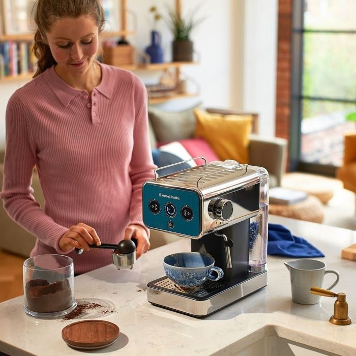 Кофеварка Russell Hobbs рожковая Distinctions Ocean 1.1л, молотый + чалды, сине-серебристый
