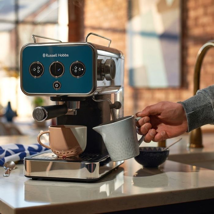 Кофеварка Russell Hobbs рожковая Distinctions Ocean 1.1л, молотый + чалды, сине-серебристый