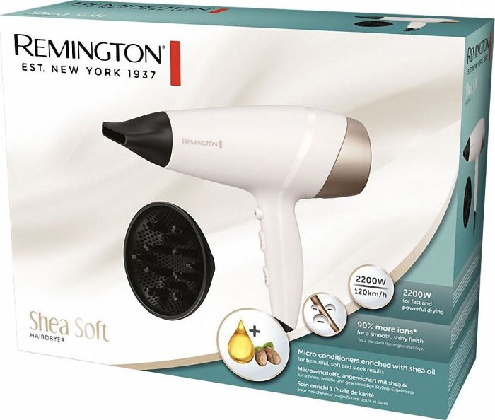 Фен Remington Shea Soft, 2200Вт, режимов-3, дифузор,турмалиновая иониз-я, хол. обдув, бело-золотой