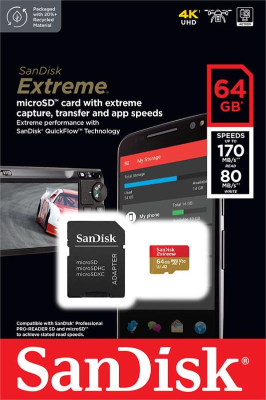 Карта памяти SanDisk microSD   64GB C10 UHS-I U3 A2 V30 R170/W80MB/s Extreme + SD