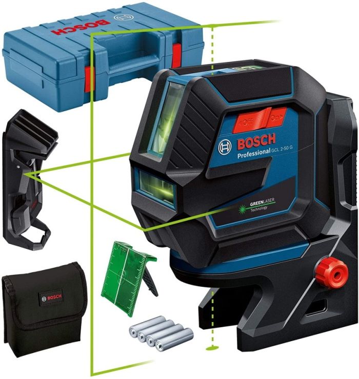 Нівелір лазерний Bosch Professional GCL 2-50 G, до 15м, ±0.3мм/м, в чемодані з тримачем RM 10, затиском DK 10, чохлом, мішенню, 0.58кг