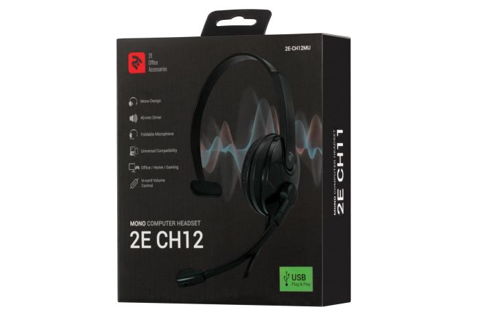 Гарнітура ПК моно On-ear 2E CH12 USB, omni-mic, 2м, чорний