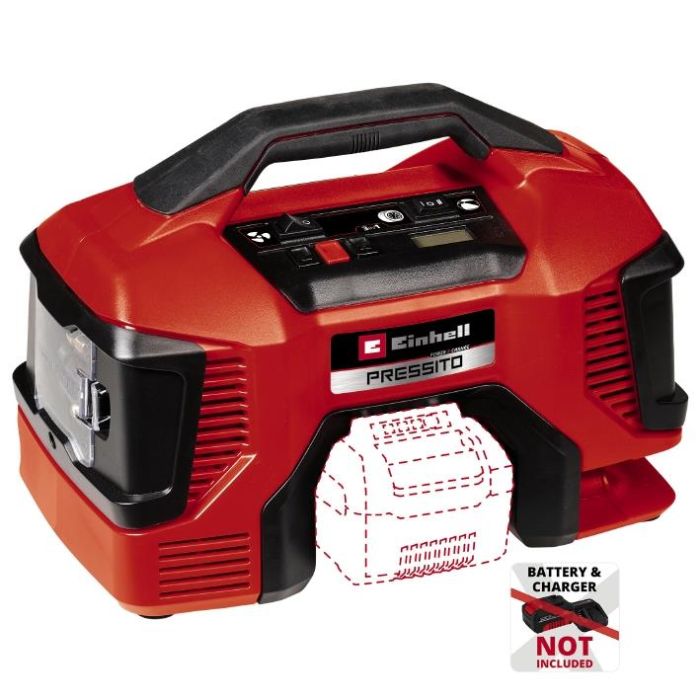 Компресор повітряний Einhell PRESSITO 18/21, акумуляторний 18В PXC, до 14л/хв, 10.5бар, вис. і низьк. тиск, 2.06кг без АКБ та ЗП