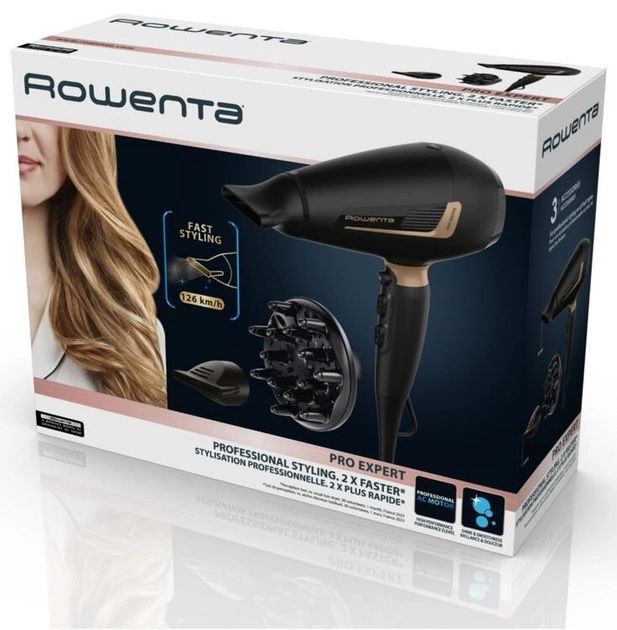 Фен Rowenta Pro Expert, 2200Вт, режимов-3, иониз-я, дифузор, 2 концентратора, хол. обдув, черный