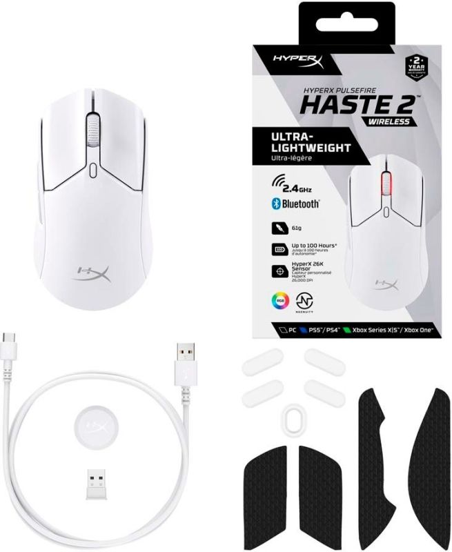 Мишь HyperX Pulsefire Haste 2, RGB, USB-A/WL/BT, белый