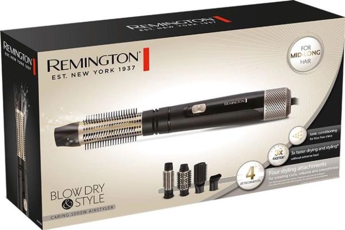 Фен-щетка Remington Blow Dry & Style Caring, 1000Вт, режимов-2, иониз-я, хол. обдув, чехол, керамика, черно-золотой