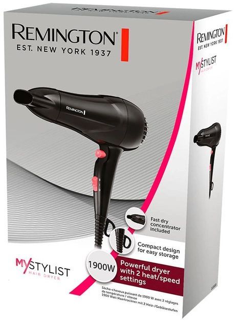 Фен Remington MyStylist, 1900Вт, режимов-2, иониз-я, хол. обдув, черный