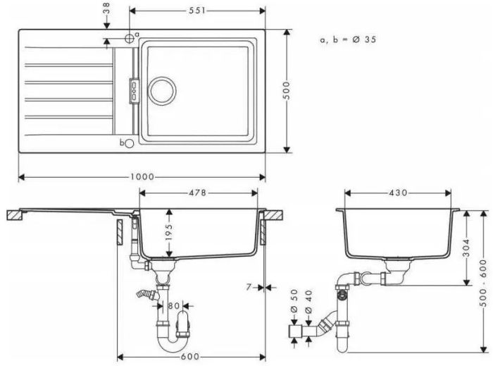 Мойка кухонная Hansgrohe S52, гранит, прямоуг., с крылом, 980х480х190мм, чаша - 1, врезная, S52-F480, серый камень
